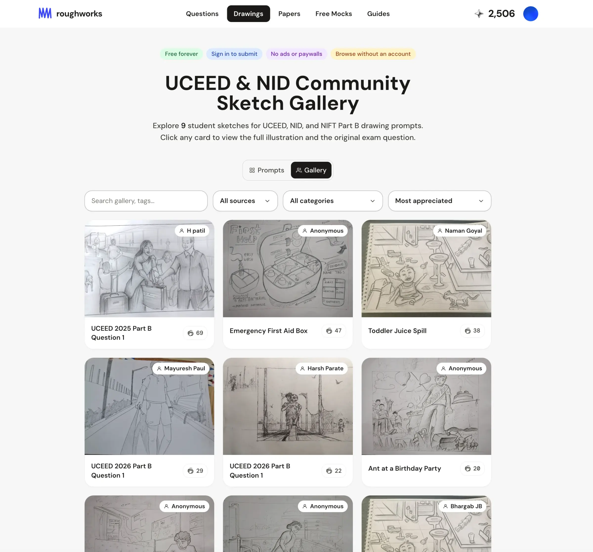 Roughworks sketch gallery and peer submissions